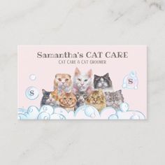 a business card with cats sitting on top of bubbles in the water and text, samantaa's cat care