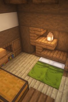 a room with a bed, dresser and other items in the room that is made out of wood