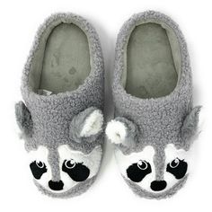 Trash day is stylish now with these cloudy soft sherpa animal slippers from Oooh Geez! Slippers. Stay warm & look great with your new raccoon themed grey sherpa slippers. Wear them around the house or out and about thanks to the non-skid rubber bottom. Pick up a pair today! Material: Inside 100% Sherpa, Outside 100% Acrylic Style: Sherpa slipper with non-skid rubber bottom sole Care: Machine wash cold with no bleach and hang to dry Size:Small fits women's U.S. shoe size 5 - 6Medium fits women's Trendy Slippers, Animal Slippers, Designer Slippers, Little Critter, Slippers Cozy, House Shoes, House Slippers, Womens Slippers, Stay Warm