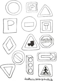 various traffic signs drawn in black and white