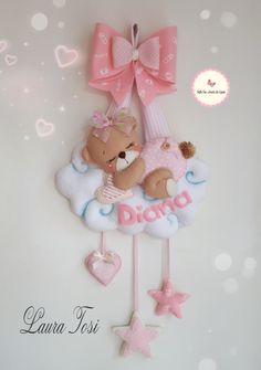 a teddy bear hanging from the side of a wall with hearts and stars on it