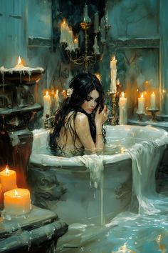 a painting of a woman in a bathtub surrounded by candles