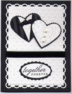 two cards with black and white designs on them, one has a heart shaped tag that says together forever