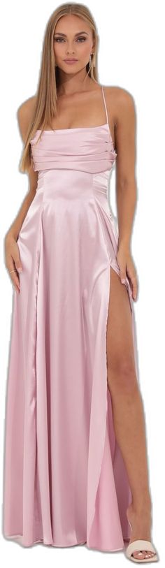 Formal Pink Satin Bottoms, Pink Formal Dress With Lined Skirt, Formal Pink Dress With Lined Skirt, Elegant Pink Split Maxi Dress, Formal Pink Dress With Long Skirt, Pink Long Skirt Dress For Formal Occasions, Satin Dress With Lined Skirt, Pink A-line Maxi Skirt For Party, Evening Full-length Dress With Lined Skirt