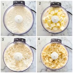 four pictures showing how to make the best pineapple pie filling in a food processor