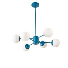 a blue chandelier with five white balls hanging from it's center point