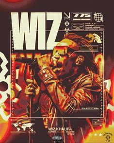 a man holding a microphone in front of a poster with the words wz on it