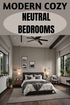 modern cozy neutral bedroom with wood flooring and ceiling fan