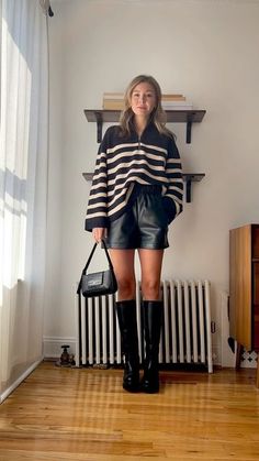 Leather Shorts Outfit 2023, Leather Shorts Autumn Outfit, Vegan Leather Shorts Outfit, Leather Shorts Outfit Summer, Shorts Sweater Outfit, Sweater With Shorts Outfit, Fall Shorts Outfit, Laurie Ferraro