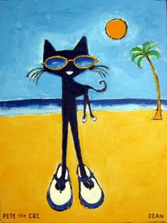 a painting of a cat wearing sunglasses on the beach with a palm tree in the background