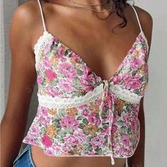 Super Cute And Stylish Ships In 5-10 Business Days Floral Print Lace Camisole Top, Trendy Lace Camisole For Summer, Lace Spaghetti Strap Top With Floral Print, Lace Tops With Spaghetti Straps And Floral Print, Feminine Floral Print Camisole For Spring, Pink Lace Tank Top For Summer, Spring Lace Camisole With Floral Print, Feminine Beach Camisole With Floral Print, Feminine Floral Print Tank Top For Brunch