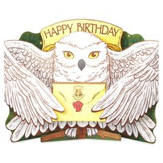 an owl with wings is holding a birthday card