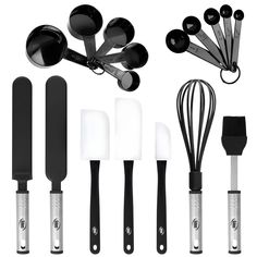 kitchen utensils and spatulas are arranged on a white background with black handles