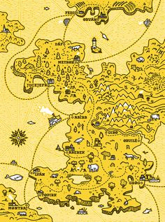 a yellow map with many different locations and animals on it's sides, including the ocean