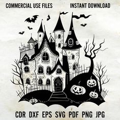 an old fashioned halloween house with bats and pumpkins on the roof is featured in this black and white poster