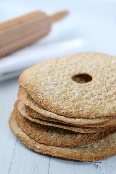 a stack of cookies sitting on top of a white table