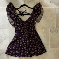 New Free People Royal Purple Romper - Xs Adorable Unique Floral Fabric Nwot Bohemian Purple Floral Print Bottoms, Dark Purple Romper, Purple Floral Print Sleepwear For Loungewear, Purple Romper Tier Lace, Purple Romper, Free People Pants, Floral Fabric, Free People, Pant Jumpsuit