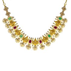 This 22k antique gold necklace by Virani Jewelers brings the timeless beauty of temple jewelry to your collection. Adorned with vibrant rubies, emeralds, and cubic zirconia, the intricate craftsmanship reflects both tradition and luxury. The warm glow of the antique 22k gold enhances the rich gemstones, making it a statement piece of Indian gold jewelry for any special occasion. Ideal for those who appreciate heritage-inspired jewelry, this 22k gold temple necklace is a perfect blend of elegance and artistry.Features• 22k yellow gold• Antique finish• Engraved details• Emerald• Ruby • Cubic zirconiaSpecifications:• Minimum Width - 2 millimeters• Maximum Width - 28 millimeters• Length - 16 inches• Weight - 39.9 grams Luxury Elegant Gold Temple Necklace, Luxury Engraved Temple Jewelry Necklace, Luxury Yellow Temple Jewelry Necklaces, Luxury Yellow Gold Temple Necklace With Gemstones, Luxury Temple Necklace With Gemstones, Ruby Gemstone Temple Jewelry Necklace, Luxury Gemstone Temple Necklace, Luxury 22k Yellow Gold Temple Necklace, Luxury Yellow Elegant Temple Necklace