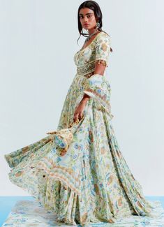 Ivory Printed Georgette Floral Print Anarkali With Tasseled Dupatta Mahima Mahajan - Fabilicious Fashion Floral Print Anarkali, Mahima Mahajan, Anarkali With Dupatta, Lehenga Style Saree, Indian Bridesmaid Dresses, Embroidered Anarkali, Lehenga Style, Anarkali Kurta, Embroidered Dupatta