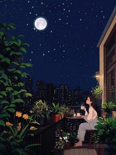 a woman sitting on top of a balcony next to potted plants under a full moon