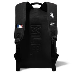 a black backpack with the chicago white sox on it's back pocket and shoulder straps