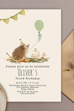 an animal themed birthday party with a hedgehog on the ground and balloons in the air