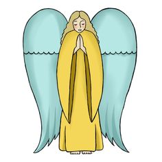 an angel with blue wings and yellow dress