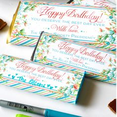 three candy bar wrappers with the words happy birthday on them