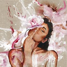 a painting of a naked woman with flowers on her head and hands to her face