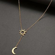 Features A Moon And Sun In Stainless Steel With 18kt Gold Plating Necklace Is Around 23.62 Inches Moon And Sun Pendant, Gold Moon Jewelry, Gold Charm Necklaces With Sun And Moon Design, Elegant Gold Charm Necklaces With Sun And Moon Design, Elegant Gold Charm Necklace With Sun And Moon Design, Minimalist Gold Necklace With Sun And Moon Design, Baddie Jewelry, Math Tables, Sunshine Necklace