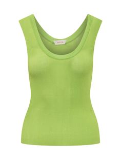 Sleeveless top. u-neck. Rib knit workmanship.Composition: 75% Viscose, 25% Polyamide Chic Green Scoop Neck Tank Top, Chic Green Sweater Vest For Summer, Green Fitted Sleeveless Tank Top, Sleeveless Fine Knit Top, Green Tank Sweater Vest For Summer, Chic Spring Vest With Scoop Neck, Chic Scoop Neck Spring Vest, Fine Knit Scoop Neck Top, Chic Viscose Tank Top