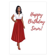 a woman wearing a red skirt and white shirt with the words happy birthday sor on it