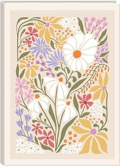 a card with flowers and leaves on the front, in pastel pinks yellows and purples