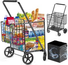 two shopping carts with food and drinks in them