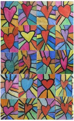 colorful stained glass with hearts on it