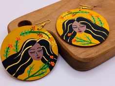 Vibrant, bold earrings which will definitely make a statement! These unique hand-painted wood earrings have a lot of fun, colorful details which can work with many outfits. This statement piece is perfect for a dressy party as well as casual brunch with your crew :) Hand Painted Yellow Artsy Earrings, Yellow Hand Painted Artsy Earrings, Whimsical Hand Painted Earrings, Fun Yellow Hand Painted Earrings, Fun Hand Painted Yellow Earrings, Artistic Hand Painted Yellow Earrings, Hand Painted Earrings Wood, Clay Eye, Hand Painted Earrings