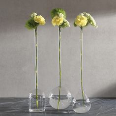 three clear vases with yellow flowers in them on a marble countertop next to each other