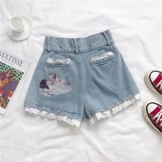 Cartoon Angel, Printed Denim Pants, Lace Denim Shorts, Denim Pants Fashion, Aesthetic Clothing Stores, Angel Print, Print Denim, High Waisted Jean Shorts, Denim And Lace