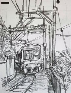 a pencil drawing of a train coming down the tracks at an outdoor station with power lines above it