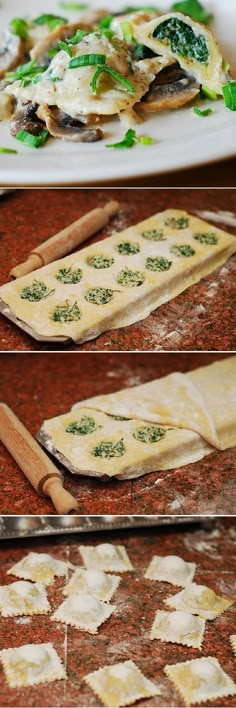 three different views of ravioli being made on a baking sheet with cheese and spinach