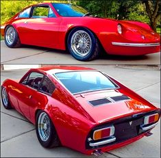 two pictures of a red sports car on the street