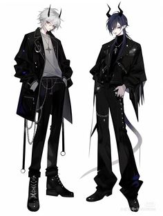 two male anime characters with horns on their head and black clothes, one is holding an umbrella