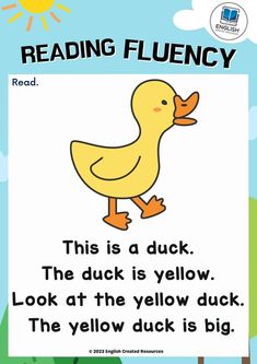 a yellow duck reading flueny book with the words, this is a duck