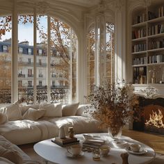 a living room filled with furniture and a fire place in front of a large window