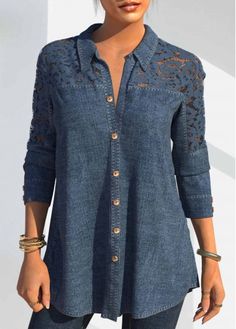 Size:S;Size:M;Size:L;Size:XL;Size:XXL;Color:Denim Blue;Occasion:Staycation;Decoration:Fabric Splicing;Sleeve's Length:Long Sleeve;Pattern Type:Solid;Neckline:Turndown Collar;Clothing's Length:Long;Season:Summer;Color Scheme:Blue;Package Contents:1 X Blouse;Washing Instructions:Hand Wash;Composition:95% Cotton , 5% Spandex;Style:Casual; Trendy Tops For Women, Lace Top Long Sleeve, Classy Casual Outfits, Denim And Lace, Sleeve Pattern, Summer Color, Turndown Collar, Trendy Tops, Blue Blouse