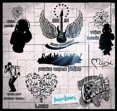 various stickers and decals on a wall in the shape of guitars, wings, music instruments