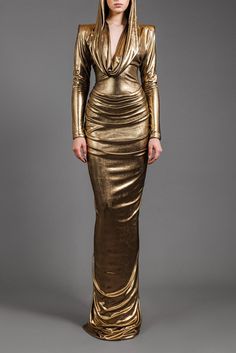 Her Trove-Long sleeves lurex hooded dress Egyptian Inspired Fashion, Jean Louis Sabaji, Gold Long Sleeve Dress, Gold Drapes, Metal Dress, Drape Gowns, Loose Hoodie, Hooded Dress, Liquid Gold