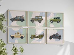 four framed pictures of cars hanging on the wall in front of a potted plant