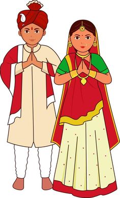 Gujarati Wedding Couple Greeting Namaste In Traditional Dress. Gujarat Traditional Dress Illustration, Gujarati Couple Photo, Gujarat Illustration, Vithal Rukmini, Gujarati Dress, Mata Wallpaper, Drawing Rangoli, Couple Photo Pose, Ready Rangoli