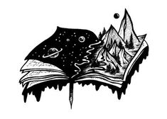 an open book with mountains and trees on it, in the middle of black ink